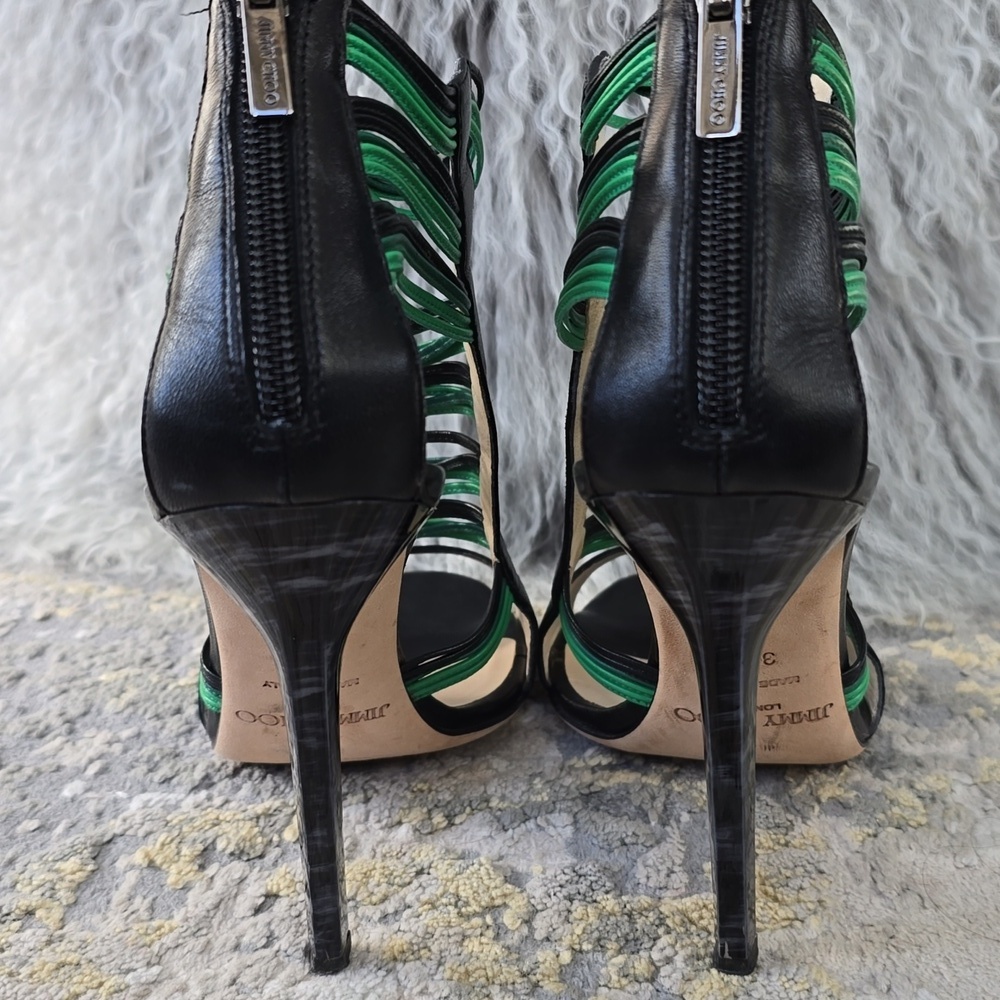 Jimmy Choo Black/Green Leather Corsica Ankle Strap Sandals Size 37.5 - Picture 14 of 17